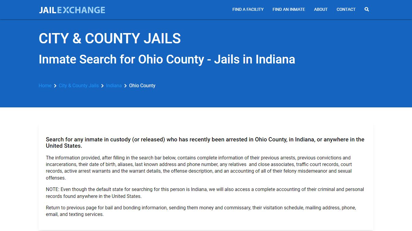 Locate an inmate in Ohio County, Indiana - Jail Exchange